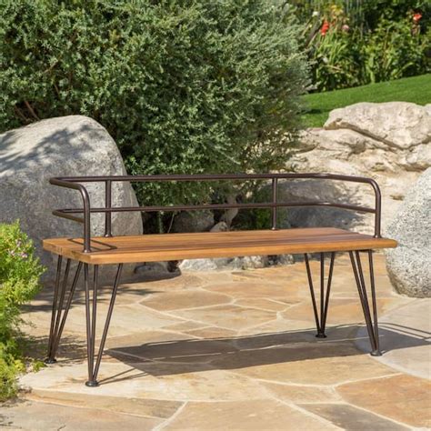 noble house teak rustic metal bench set of 2|Outdoor Modern Industrial 3 Piece Acacia Wood  .